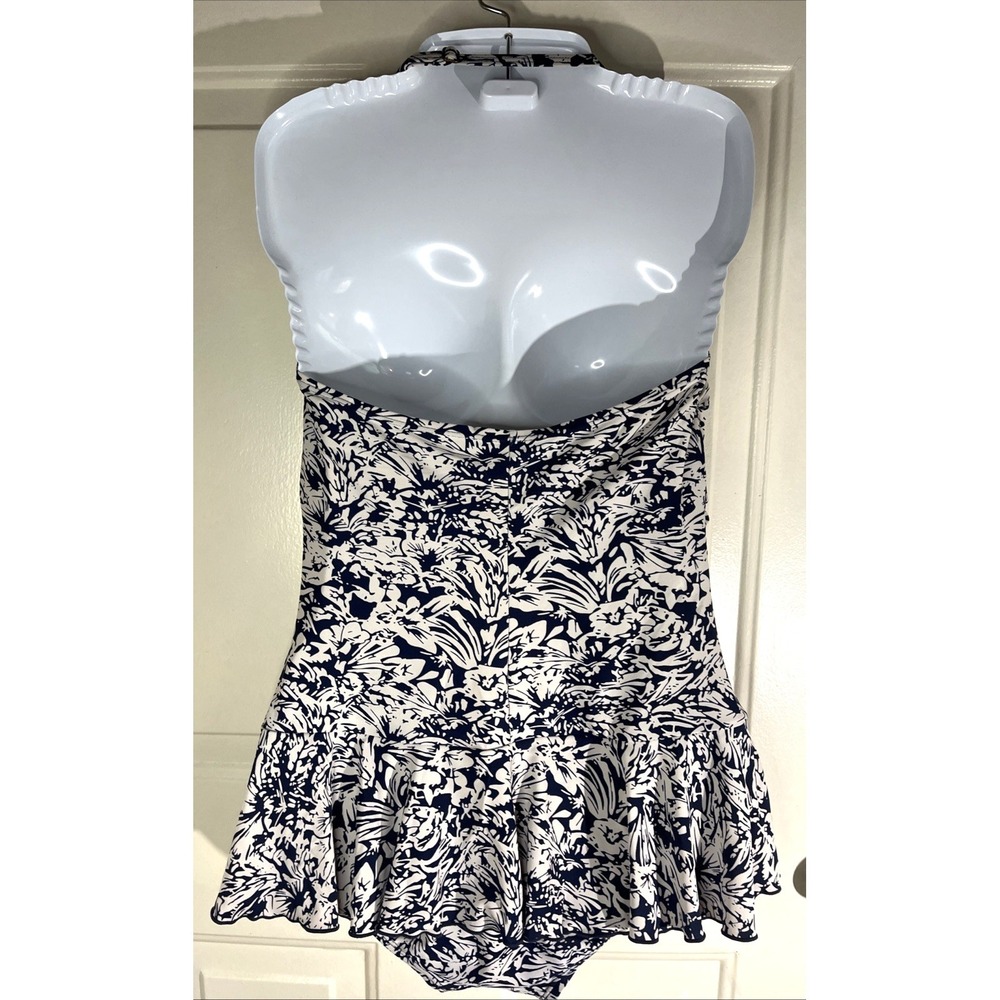 Shore Shapes Navy/Cream Tummy Control Skirted Ruched One-Piece Swimsuit Size 14 - Picture 4 of 10